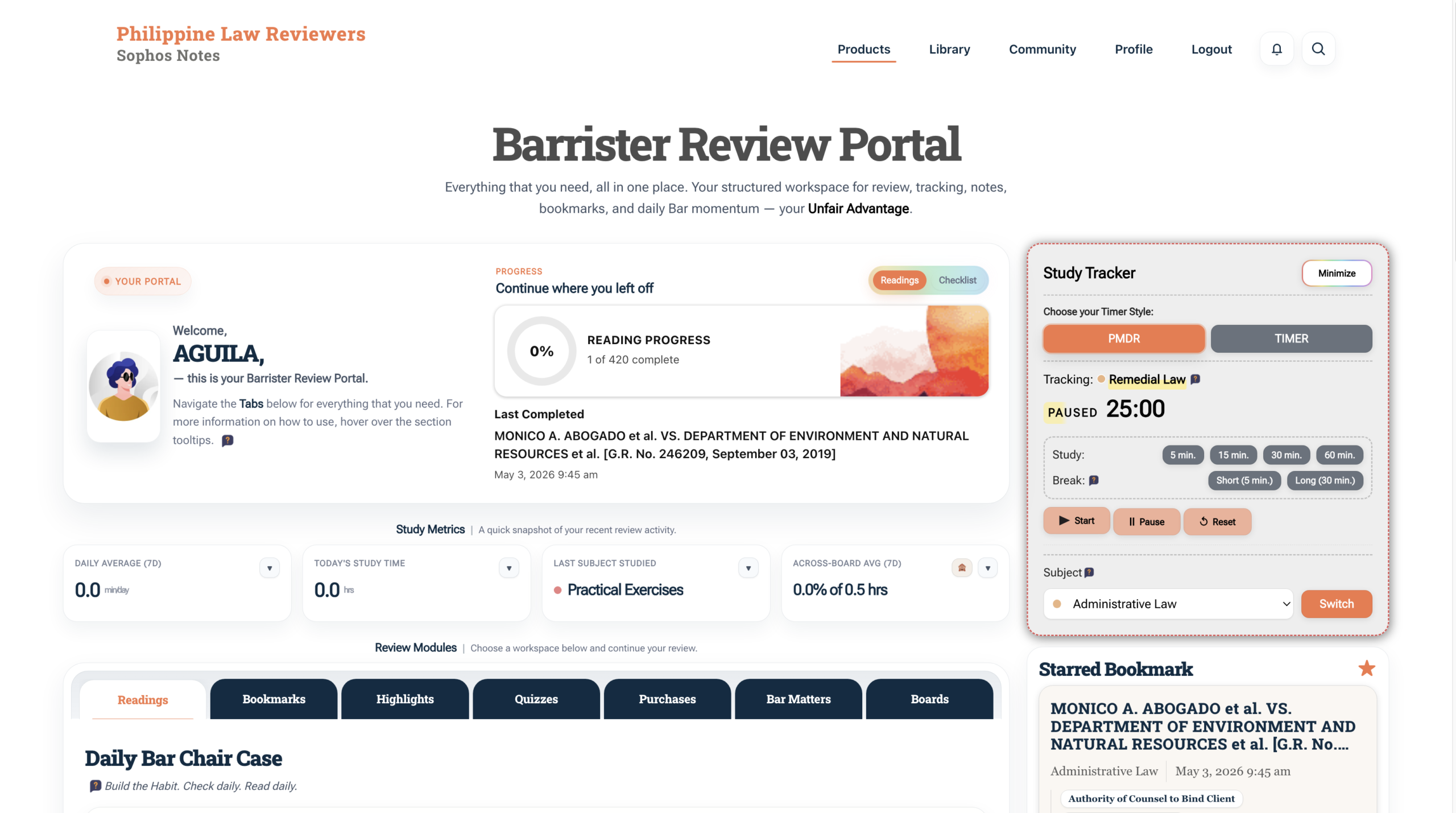 Philippine Law Reviewers Barrister Portal dashboard screenshot