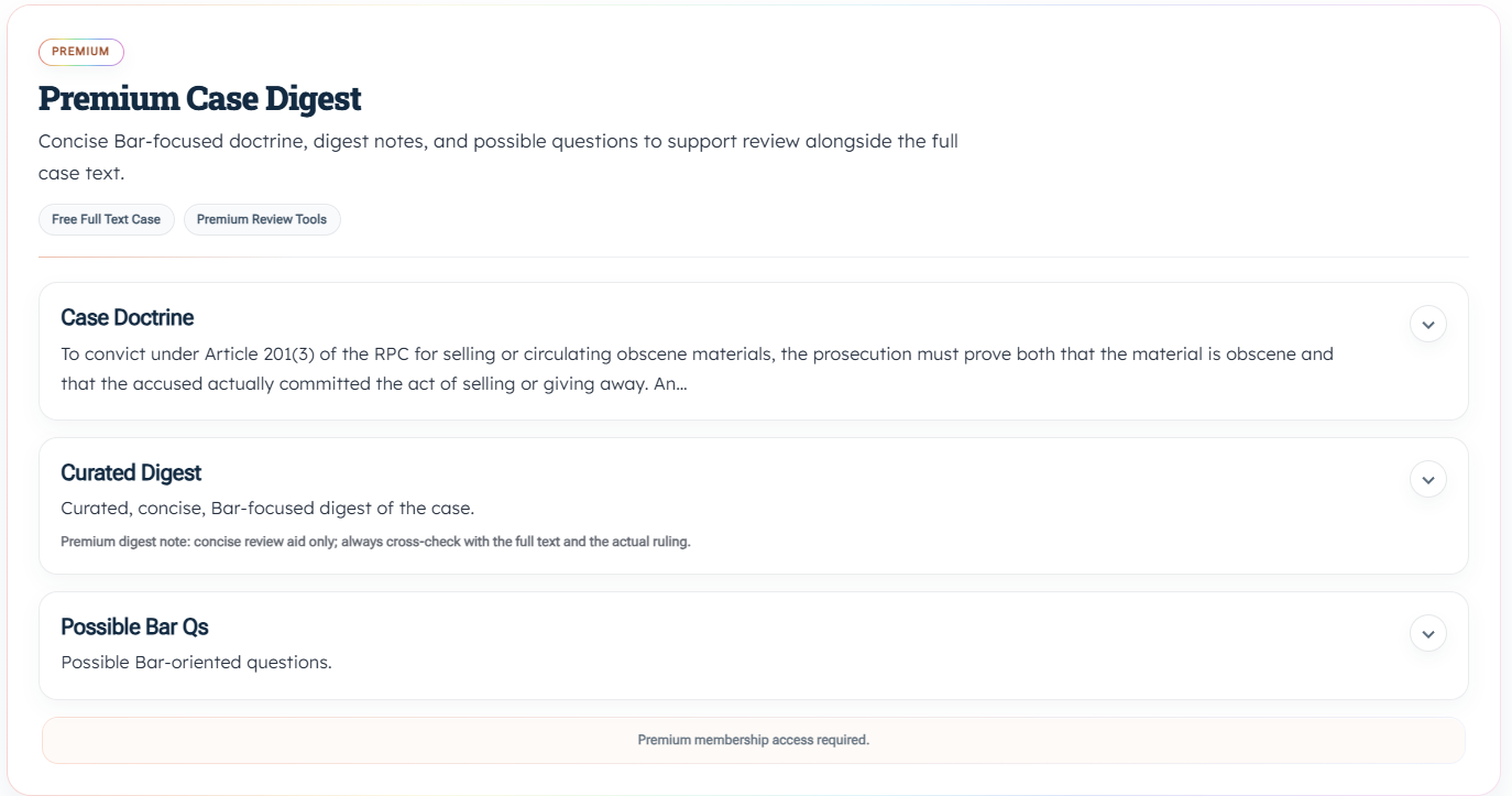 Premium Case Digest showing doctrine, curated digest, and possible Bar questions